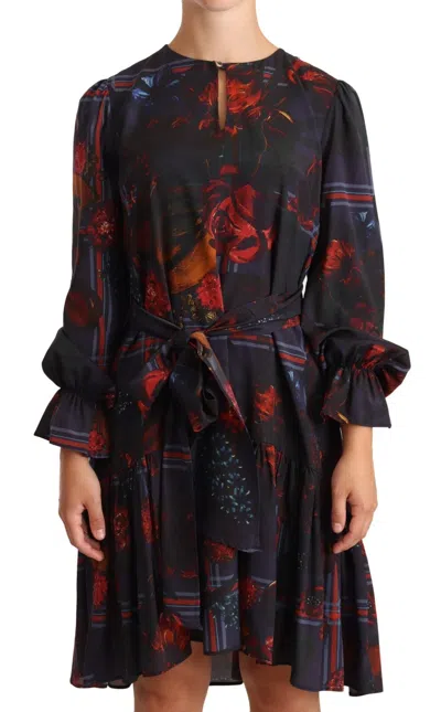Pre-owned Ballantyne A-line Floral Silk Long Sleeve Knee Length Women's Dress () In Blue
