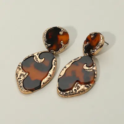 Fashnzfab Textured Metal Frame Abstract Celluloid Acetate Drop Dangle Statement Necklace - Brown, Dark, Gold In Multi