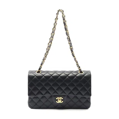 Pre-owned Chanel Lambskin Matelasse W Flap Shoulder Bag In Black