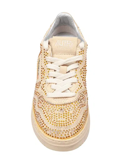 Autry Medalist Low Sneakers In Bronze Suede With Crystal Micro Rhinestones In Neutral