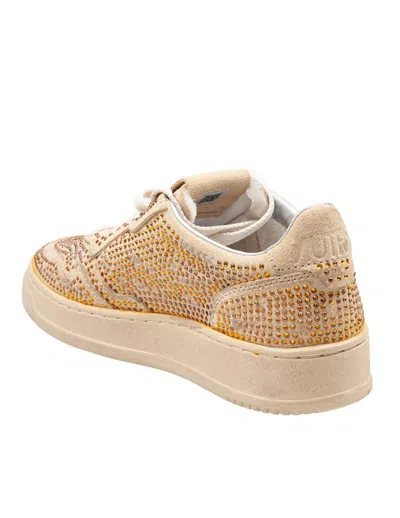 Autry Medalist Low Sneakers In Bronze Suede With Crystal Micro Rhinestones In Neutral