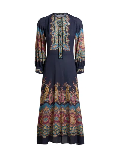 Etro , Dress With Placed Paisley Print, Woman, Blue, Size 44 In Blue