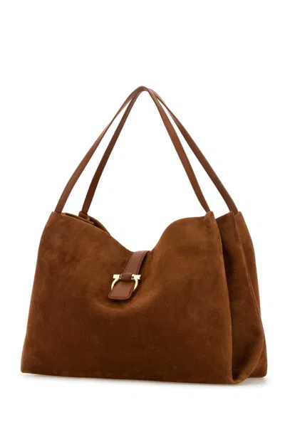 Ferragamo Brown Shoulder Bag With Two Top Handles And Gancini Plaque On The Front In Suede Woman In Brown