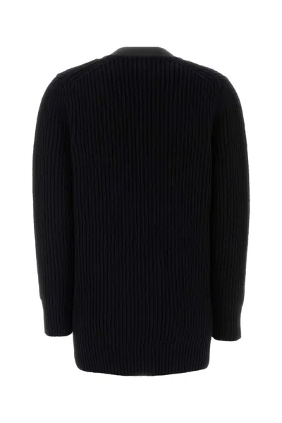 Ferragamo Wool Cardigan With Leather Trim And Pockets In Blue