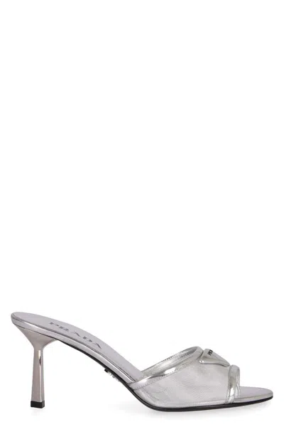 Prada Logo Detailed Heeled Sandals In Silver