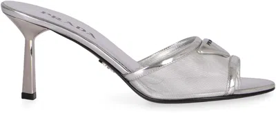 Prada Logo Detailed Heeled Sandals In Silver