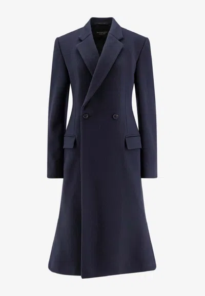 Balenciaga Midi Wool Coat Flared Hem In Blue