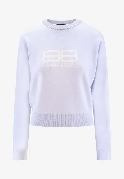 Balenciaga Logo-jacquard Cropped Sweater In Wool Blend In Blue