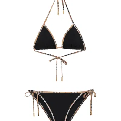 Burberry Check Detail Stretch Nylon Triangle Bikini In Animal Print