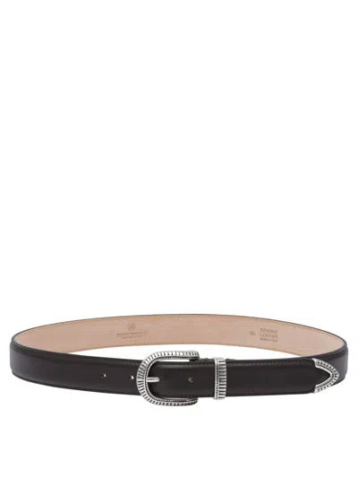 Adriano Meneghetti Polished Silver-tone Buckle Black Leather Belt In Brown