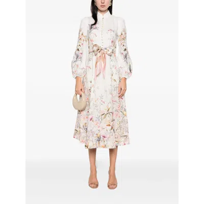 Zimmermann Rebellion Multicolor Midi Dress With Bow Detail On The Front And All-over Floral Print In Linen Woma In Multi