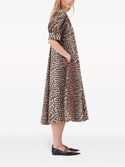 Ganni Organic Cotton Maxi Dress In Animal Print