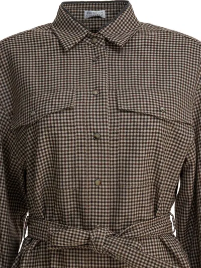 Brunello Cucinelli Women Virgin Wool Check Shirt In Brown