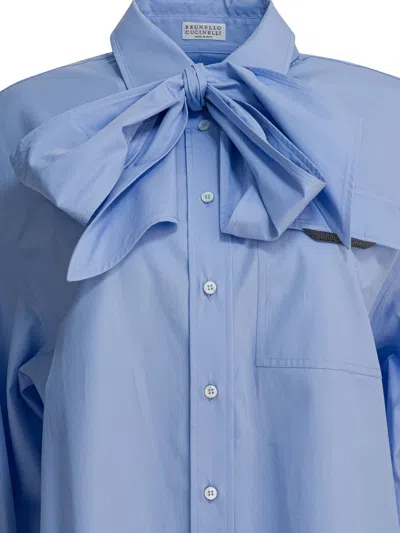 Brunello Cucinelli Women Collar Shirt With Bow In Blue