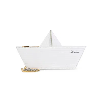 Moschino Paper Boat-inspired Shoulder Bag In Smooth Goat Leather In White