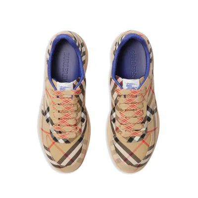 Burberry Men Beige Low Top Sneakers With Check Motif In Mixed Tech Fabrics Man In Multi