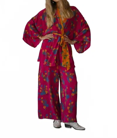 Sun Child Kimono Wrap Mini Dress In Bright Pink & Orange In Red