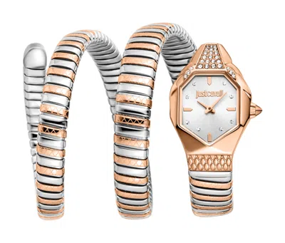 Just Cavalli Womens's Snake Watch, Rose Gold Color Case, Silver Dial, Two Tone Silver & Rose Gold St In Neutral
