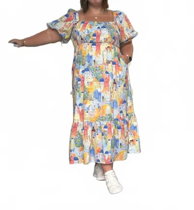 Davi & Dani Grecian Smocked Bodice Maxi Dress In Blue & Yellow In Multi