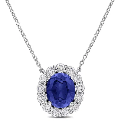 Mimi & Max Created Gemstone And Lab Grown Diamond Halo Necklace - 17in In Blue