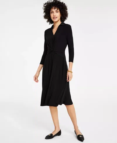 Tommy Hilfiger Midi Dress Womens Black Twist Front 3/4 Sleeve Collared Kfc242 In Black