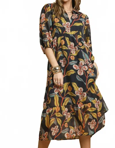 Umgee Mixed Floral Print Tiered Midi Dress In Black Multi In Black