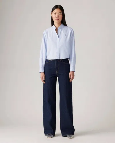 Levi's Ribcage Jeans Womens Blue Denim Dark Wash High-rise Wide Leg Kfc219 In Blue