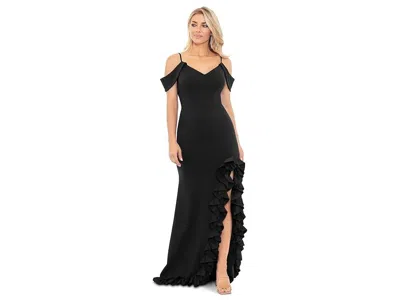 Xscape Maxi Dress Women Black Crepe Side Slit Ruffle Hem Cold Shoulder Nwo110 In Black