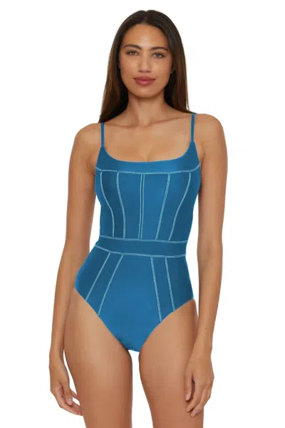 Becca Color Sheen Makenna Corset Swimsuit Womens Blue Stretch One Piece Red396 In Blue