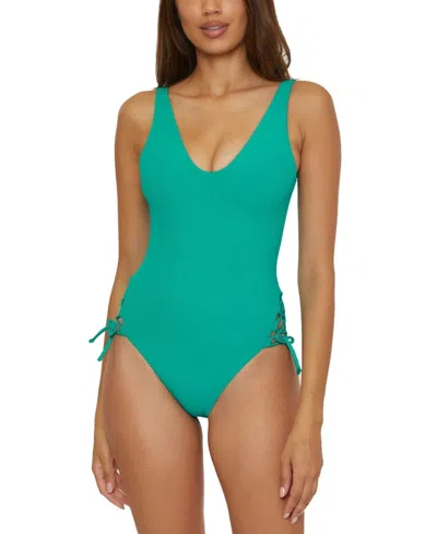 Becca Modern Edge Rib Sophie One Piece Womens Peacock Lace Up Swimsuits Red130 In Green