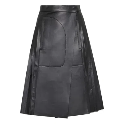 Ferragamo Pleated Leather Midi Skirt In Black