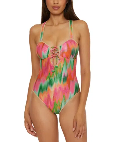 Becca Mirage Kylam Swimsuit Womens Multicolor Tie-dye Bandeau One Piece Nwo144 In Green
