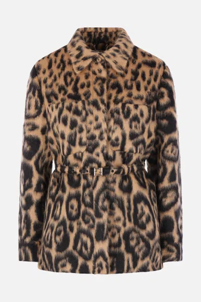 Fendi Women Multicolor Coat With Ff Buckled Belt On The Front And All-over Leopard Motif In Wool Ble In Brown