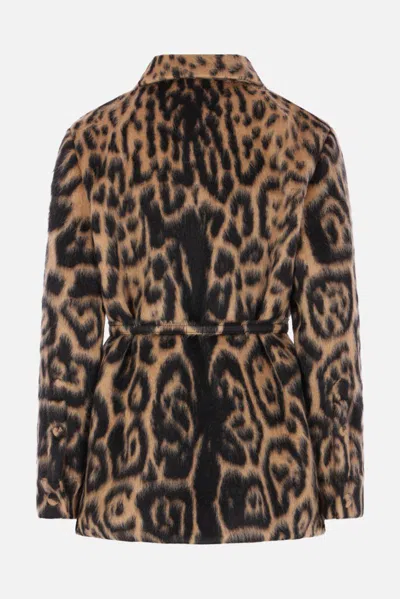 Fendi Women Multicolor Coat With Ff Buckled Belt On The Front And All-over Leopard Motif In Wool Ble In Brown