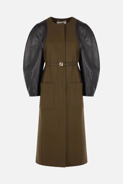 Fendi Green Wool Midi Coat With Leather Sleeves In Green