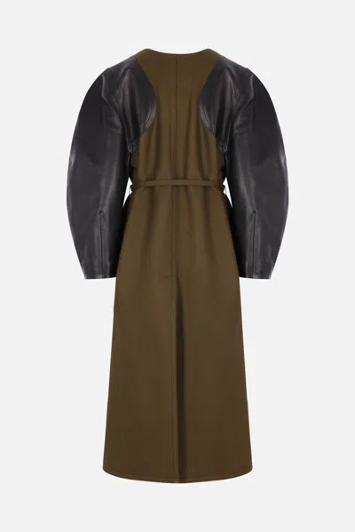 Fendi Green Wool Midi Coat With Leather Sleeves In Green