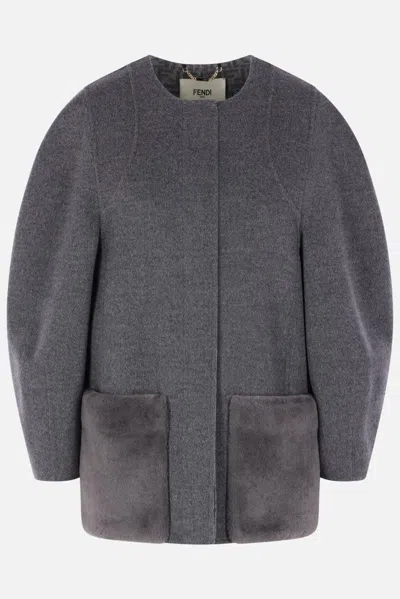 Fendi Women Wool Blouson With Mink Pockets And Inner Ff Logo In Gray