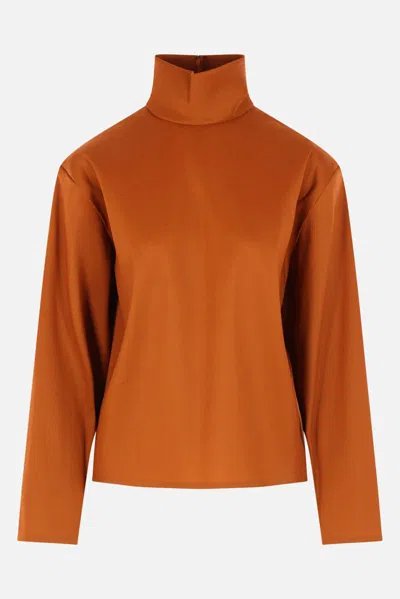 Saint Laurent Silk High-neck Top Tops Brown In Brown