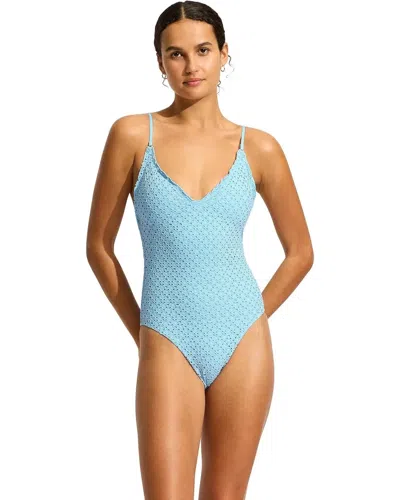 Seafolly Daydreamer Swimsuit Women Powder Blue Stretch V-neck One-piece Red272 In Blue