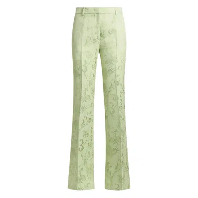 Etro Jacquard Bootcut Trousers With Floral Motif In Green