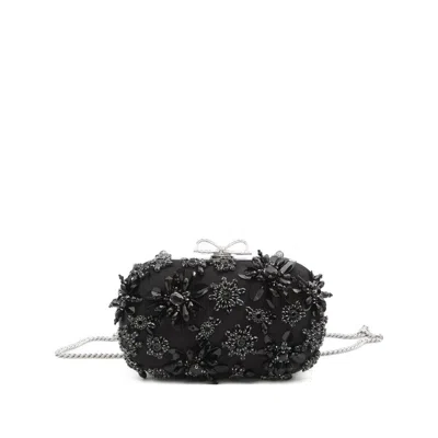 Self-portrait Crystal-embellished Floral Satin Clutch In Black