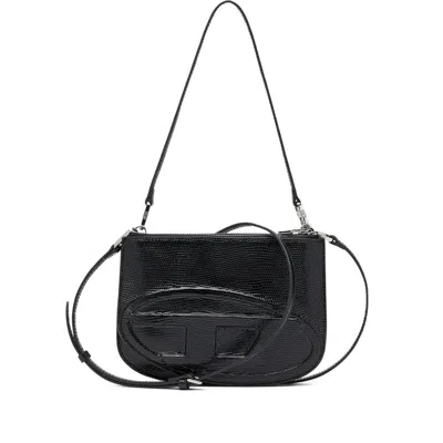 Diesel Twin-double-pouch Embossed-leather Shoulder Bag In Black