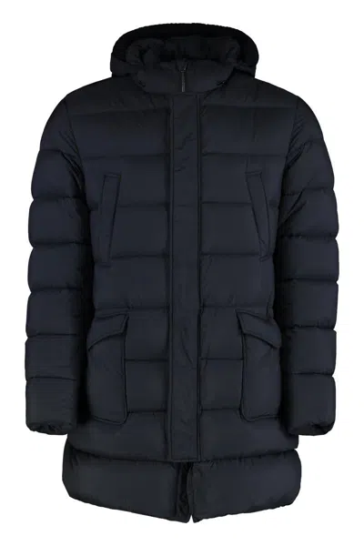 Herno Hooded Techno Fabric Down Jacket In Blue