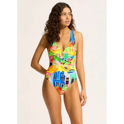 Seafolly Cuba Swimsuit Women's Turquoise Stretch Deep V-neck One Piece Red289 In Multi