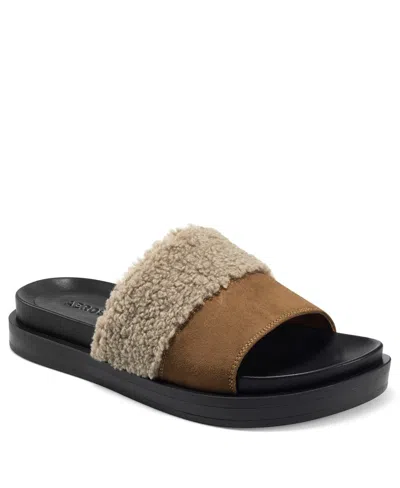 Aerosoles Louie Sandals Women's Cognac Leather Faux Shearling Slide Gal348 In Brown