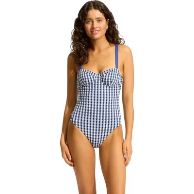 Seafolly Bella Swimsuit Women's Ultramarin High Cut Underwire One-piece Red92 In Blue