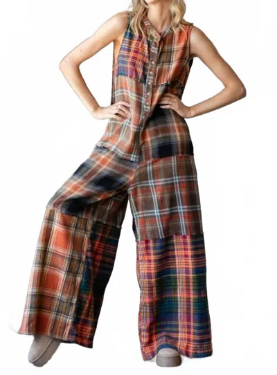 Oli & Hali Washed Plaid Jumpsuit In Multi In Brown