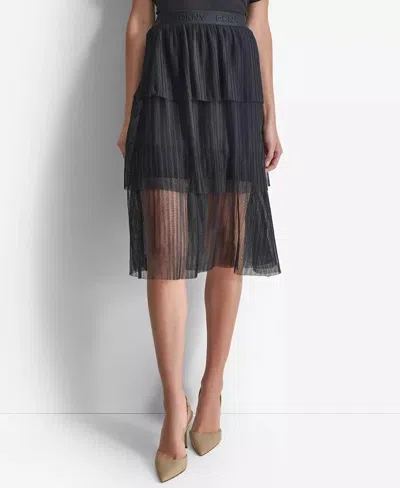 Dkny P4gg7xvt Skirt Women's Black Tiered Plisse Sheer Elastic Waist Fts1404 In Black