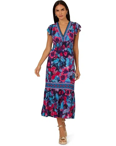 Adrianna Papell Midi Shift Dress Womens Blue Floral Print Sleeveless Red77 In Multi
