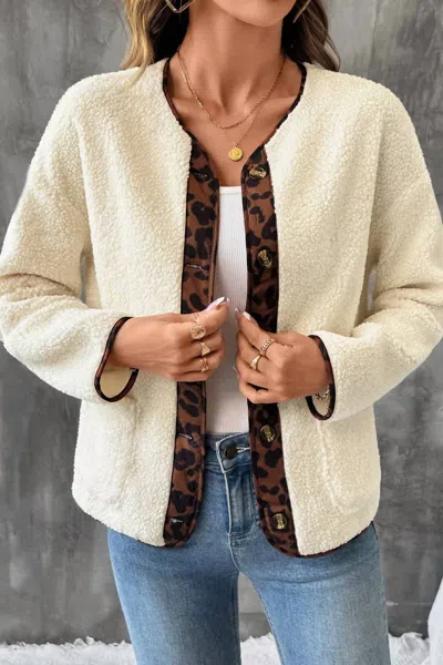 Ninexis Casul Leopard Print Contrast Crew Neck Jacket In Off White In White